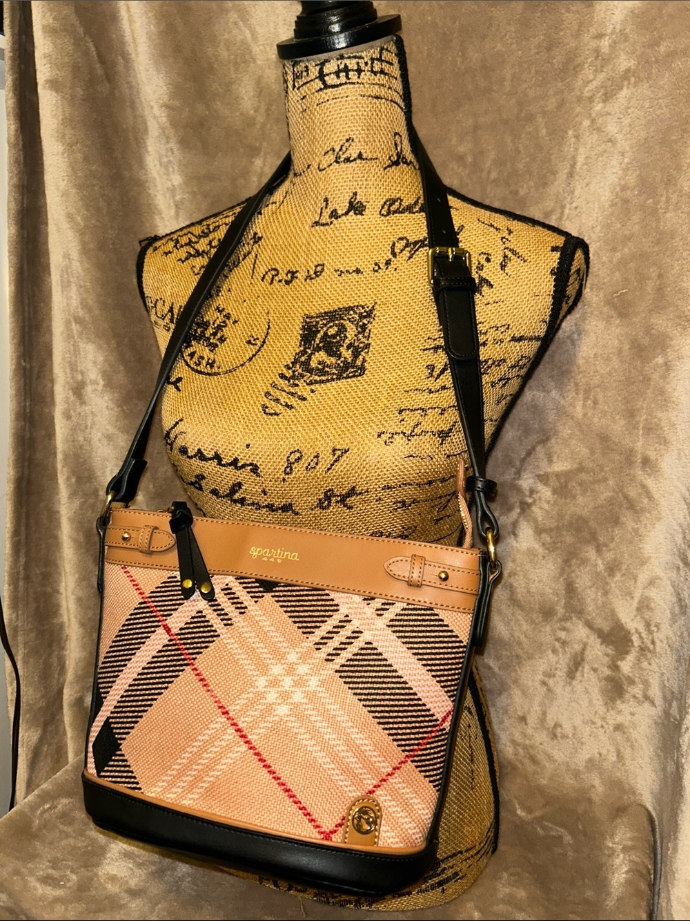 Spartina 449 Tan Nova Plaid Linen Leather Preppy Crossbody Bucket Tote Bag